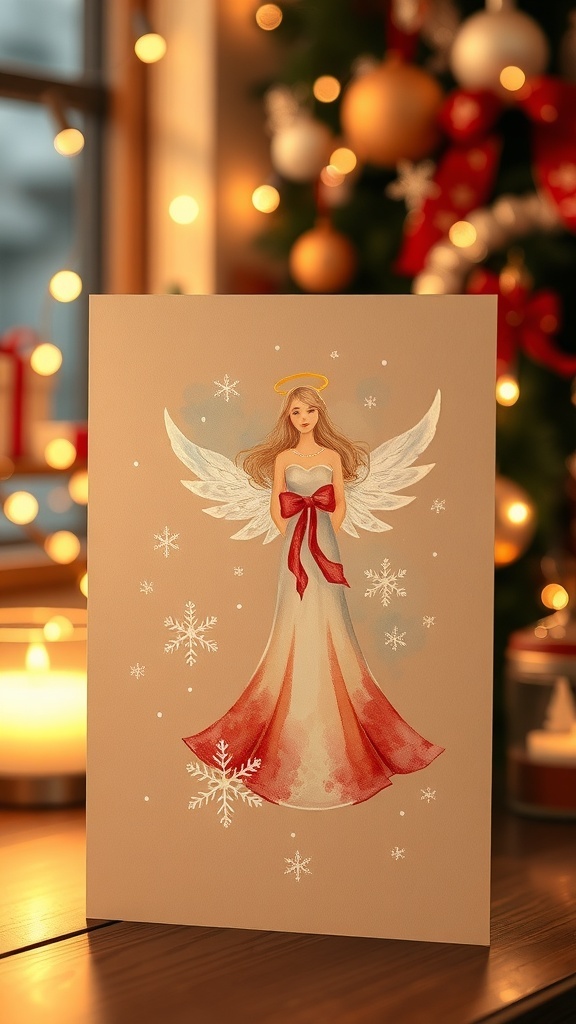 A watercolor angel Christmas card with snowflakes and stars on a festive background.